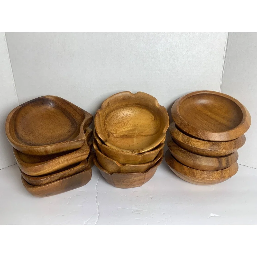 Vintage Monkey Pod Wood Bowls Set‎ of 12 Hand Carved Mid Century Modern Serving